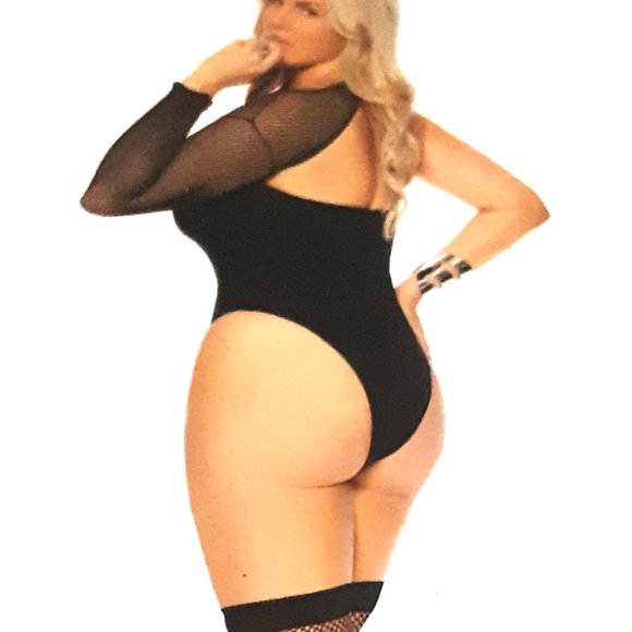 Opaque and Fishnet Teddy with Stockings - Queen Size 1X - 3X - Picture 2 of 3